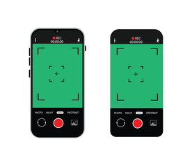 Camera interface in phone screen. Photo, video ui in cellphone. App for record from mobile cam. Viewfinder, grid, focus, button and rec. Smartphone for photography, selfie and video interface. Vector.