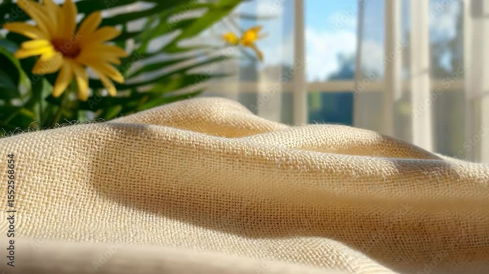 Poster close up of beige fabric with soft folds under sunlight near flowers and window