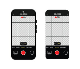 Camera interface in phone screen. Photo, video ui in cellphone. App for record from mobile cam. Viewfinder, grid, focus, button and rec. Smartphone for photography, selfie and video interface. Vector.
