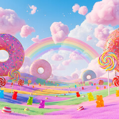 Whimsical candy land landscape with rainbow and gummy bears