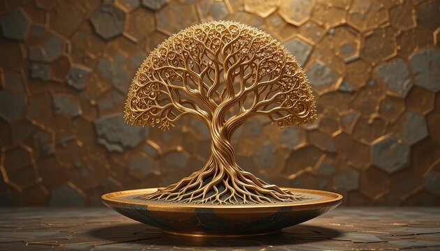 Stylized metallic bas relief of a lovely tree and rolling hills in blue, gold and copper, 32k resolution