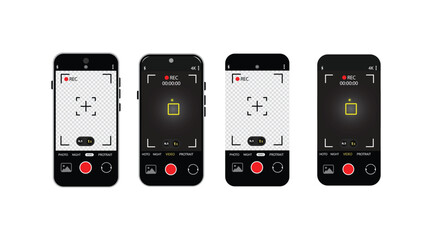 Smartphone Camera Interface: Viewfinder, Grid, Buttons, Lights, and Focus Controls in Mobile Photography Apps. Vector.