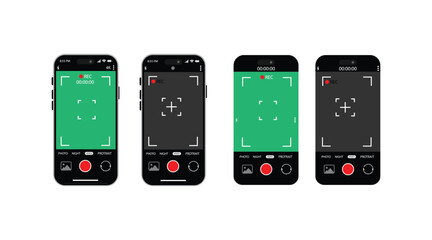 Mobile Camera App UI Elements – Vector Interface with Viewfinder, Focus Grid, Record Buttons for Photography & Video on Smartphone Screen.