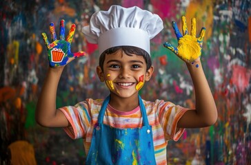 Smiling Indian boy wearing a chef hat and colorful apron, holding up his hands painted with a cupcake design