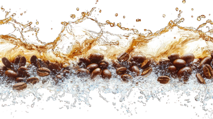 Coffee beans and liquid splash on black