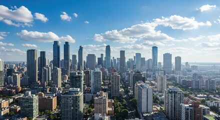Fototapeta premium Cityscape with tall buildings under a blue sky with scattered clouds.