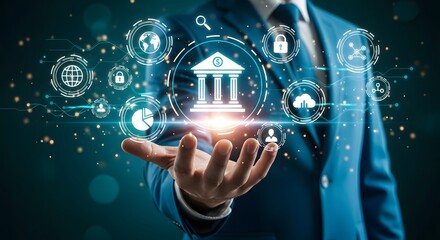 Digital banking interface with businessman holding holographic icons of bank, cloud, security, and financial services in blue tone.

