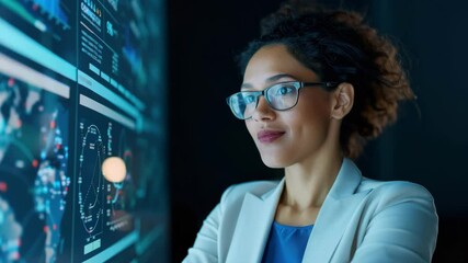 Confident businesswoman with curly hair and glasses analyzing data digital screen modern office, technology and innovation concept, digital analysis of graphs, charts, world maps, confident expression - Powered by Adobe