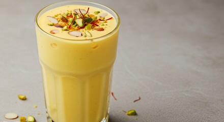 Indulge in Creamy Saffron Mango Lassi, Topped with Pistachios and Almonds