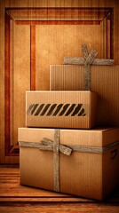 Stacked cardboard boxes with twine ribbon