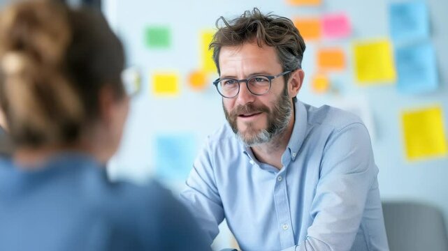 Business meeting office teamwork discussion professional brainstorming collaboration planning strategy communication between confident man and colleague modern office, creative workspace