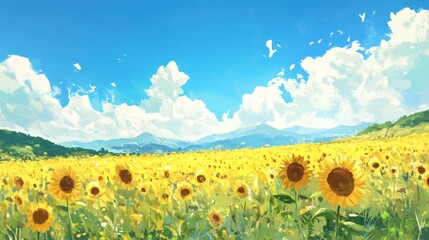 Obraz premium Sunny sunflower field, vast landscape