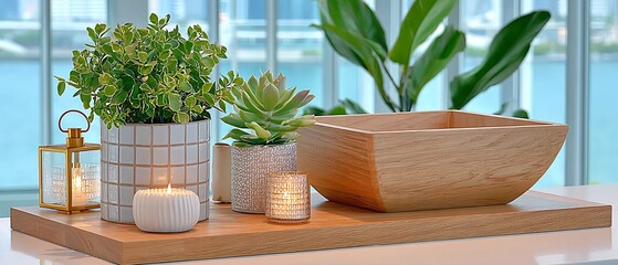 Potted plants and wooden bowl on a surface