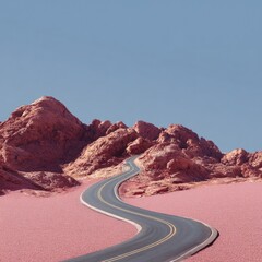 Winding road through vibrant pink desert mountains