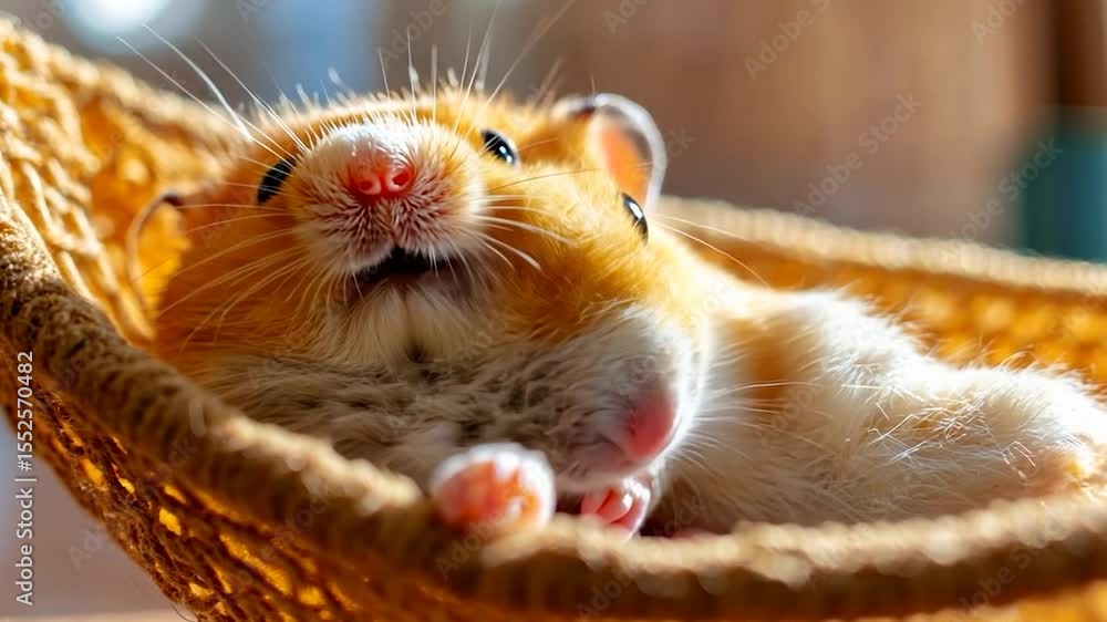 Poster golden hamster relaxing in a woven hammock with soft lighting and pink features