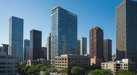 Cityscape with tall buildings and trees under a clear blue sky.