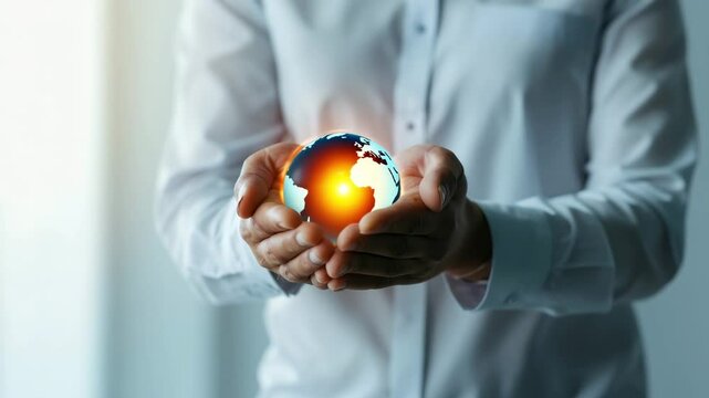 Businessman holding glowing earth globe in hand, symbolizing global responsibility, sustainability, environment protection, and worldwide connection with hope, care, unity, and peace for better future