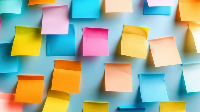 Colorful sticky note paper for reminder, office organization, and planning blue background with yellow, orange, and pink notes creative workspace atmosphere, scattered arrangement for productivity