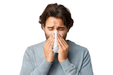 Sick man blowing nose into tissue with discomfort expression isolated on transparent background