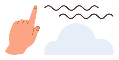 Hand pointing upward, curved lines representing abstract thought over a cloud. Ideal for creativity, imagination, innovation, decision-making, connection, brainstorming inspiration. Simple flat