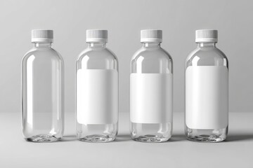 Four clear plastic bottles, blank white labels