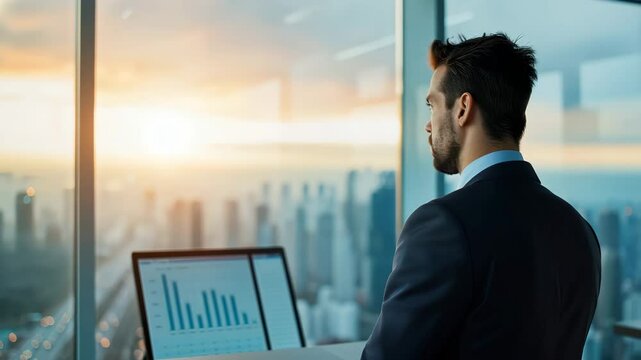 Businessman suit office window overlooking city sunrise, using computer and laptop to analyze graph, professional and thoughtful workspace with modern city skyline, confident businessman reviewing