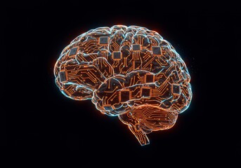 Artificial intelligence concept shows a brain with electronic circuits glowing in shades of orange and blue on dark background.
