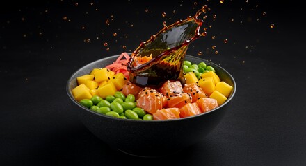 Vibrant Salmon Poke Bowl with Mango and Edamame, Drizzled with Soy Sauce