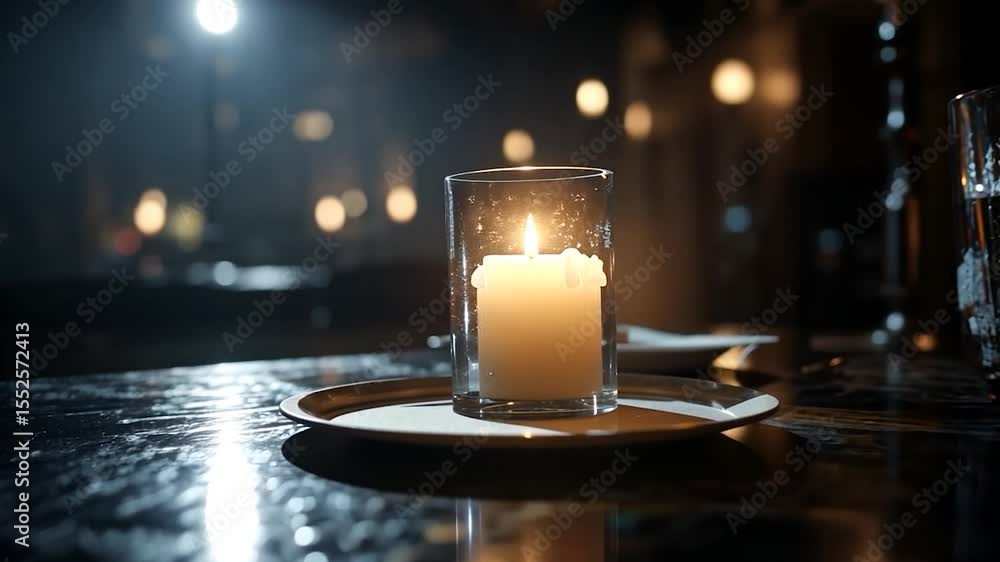 Poster Candlelit Dinner Scene with Water Droplets on Table in Restaurant Setting with Bokeh and Soft Focus