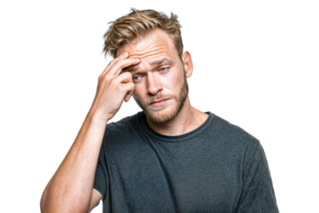 Tired man holding head and looking exhausted with stressed facial expression isolated on transparent background