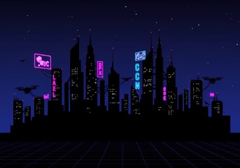 Vaporwave city skyline glows with neon lights and futuristic cityscape design with drones in a retrowave style background.