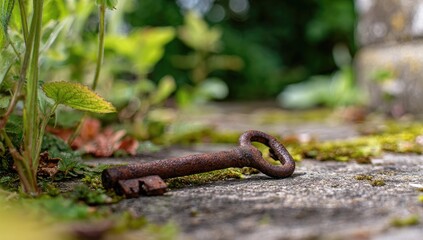 Rusty key on mossy stone