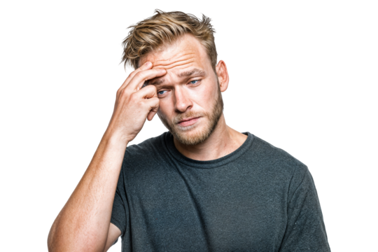 Tired man holding head and looking exhausted with stressed facial expression isolated on transparent background