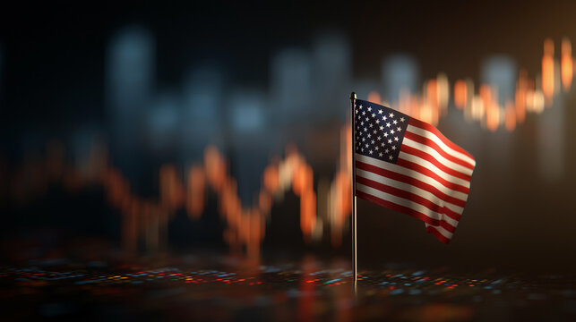 American flag waves amidst financial data trends business environment dynamic viewpoint