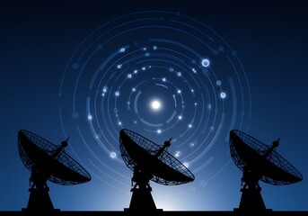 Three satellite dishes point to the night sky, representing communication and modern technology.