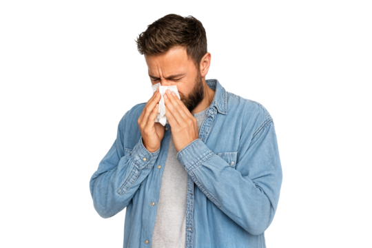 Middle aged man sneezing and blowing nose into tissue with closed eyes isolated on transparent background