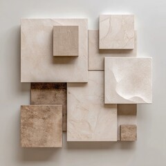 Beige, square, textured tiles arranged in a minimalist abstract composition