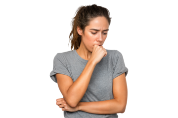 Young woman coughing into fist with sick expression showing symptoms of illness isolated on transparent background