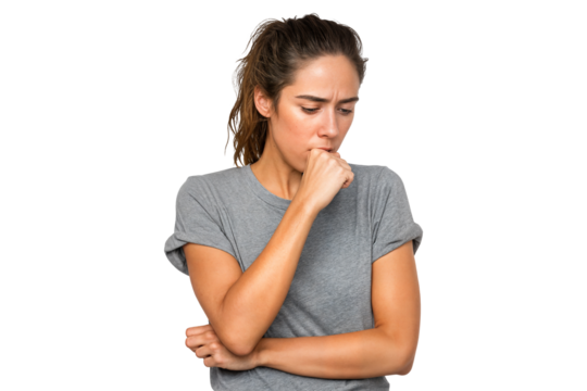 Young woman coughing into fist with sick expression showing symptoms of illness isolated on transparent background - Powered by Adobe