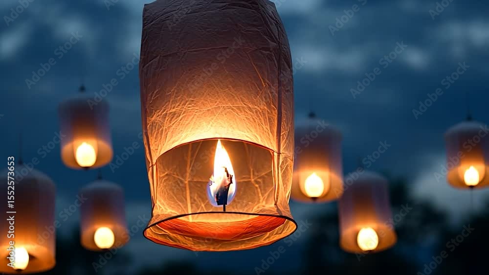 Poster glowing lanterns floating in night sky with warm flame and blurred background