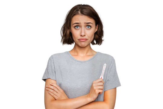 Young woman holding thermometer with confused and worried expression isolated on transparent background - Powered by Adobe