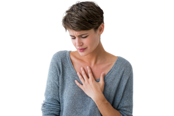 Young woman suffering from chest pain with hand on heart and painful expression isolated on transparent background