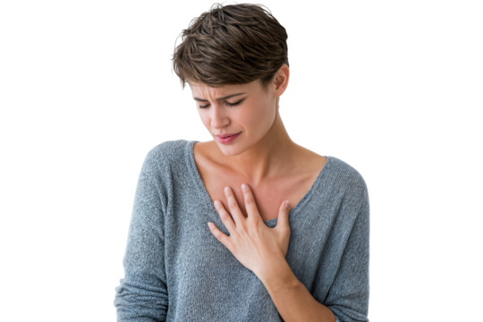 Young woman suffering from chest pain with hand on heart and painful expression isolated on transparent background