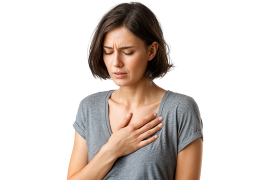 Young woman suffering from chest pain with hand on heart and painful expression isolated on transparent background