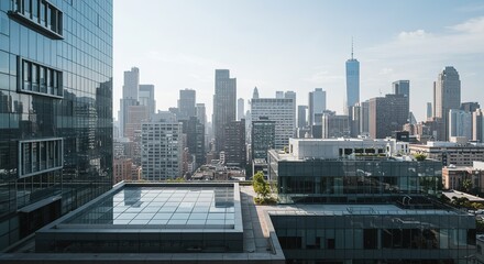 City skyline view with skyscrapers and rooftop pool on a sunny day.