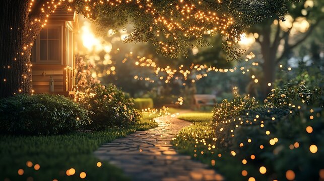 Enchanting garden path illuminated with whimsical fairy lights at twilight - Powered by Adobe