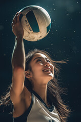 Dynamic action shot of a cheerful Asian female volleyball player wearing a sleeveless shirt and shorts, placing a volleyball on her head while moving. She smiles naturally, showing power and strength.