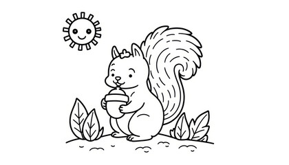 Squirrel Holding Acorn - Colouring Page for Kids - Fun in the Garden