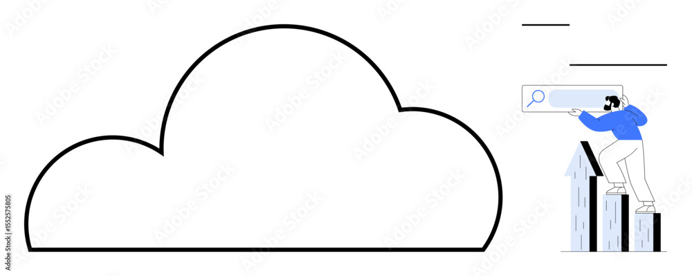 Poster oversized cloud outline with a man standing on bar graphs analyzing with a magnifying glass. ideal f