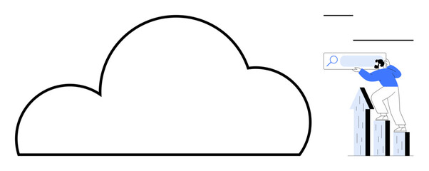 Oversized cloud outline with a man standing on bar graphs analyzing with a magnifying glass. Ideal for cloud computing, analytics, technology, business growth, data search, innovation, simple flat